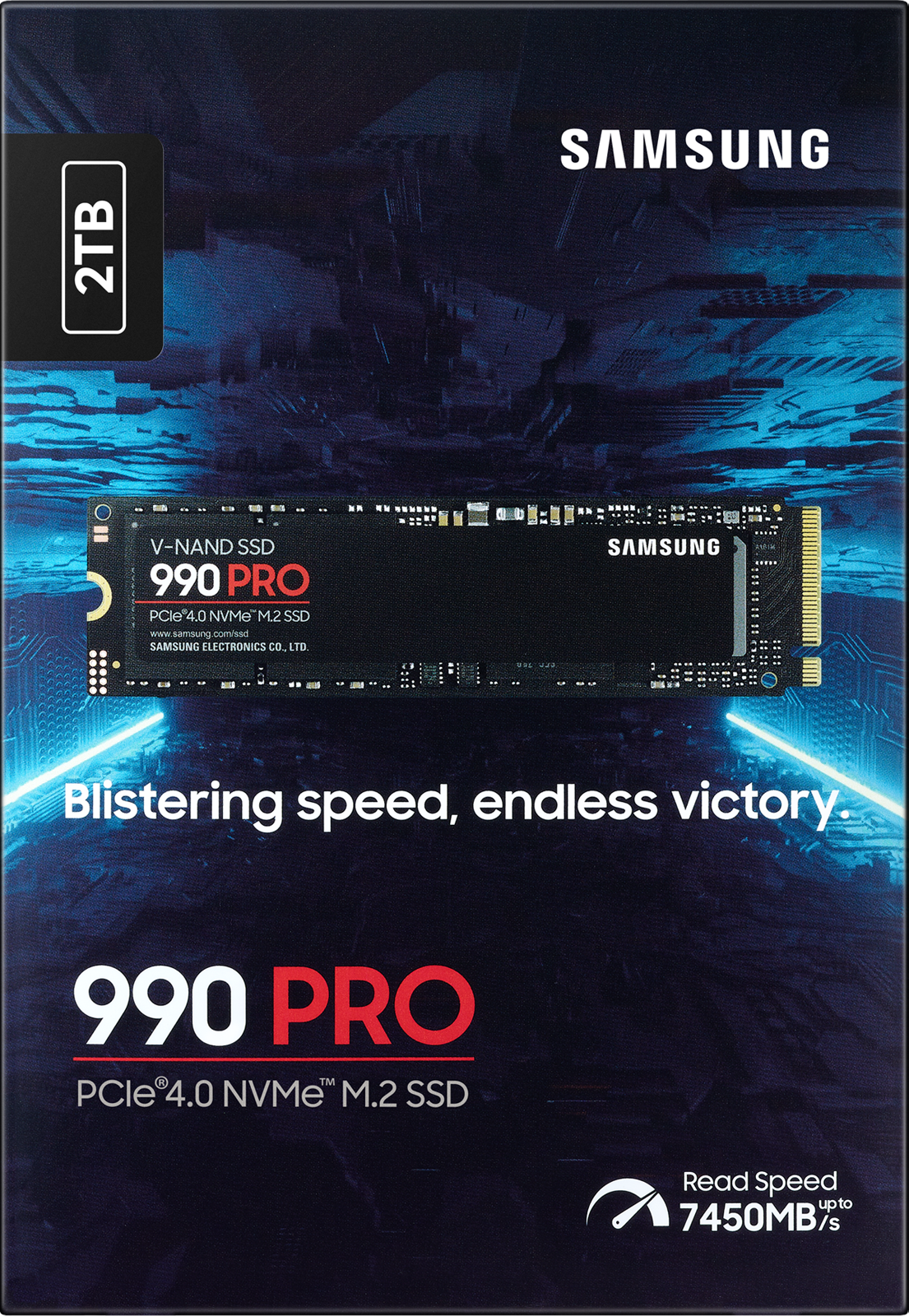 Eine Produktwerbung für eine Samsung 990 PRO SSD mit Text und Grafiken.
