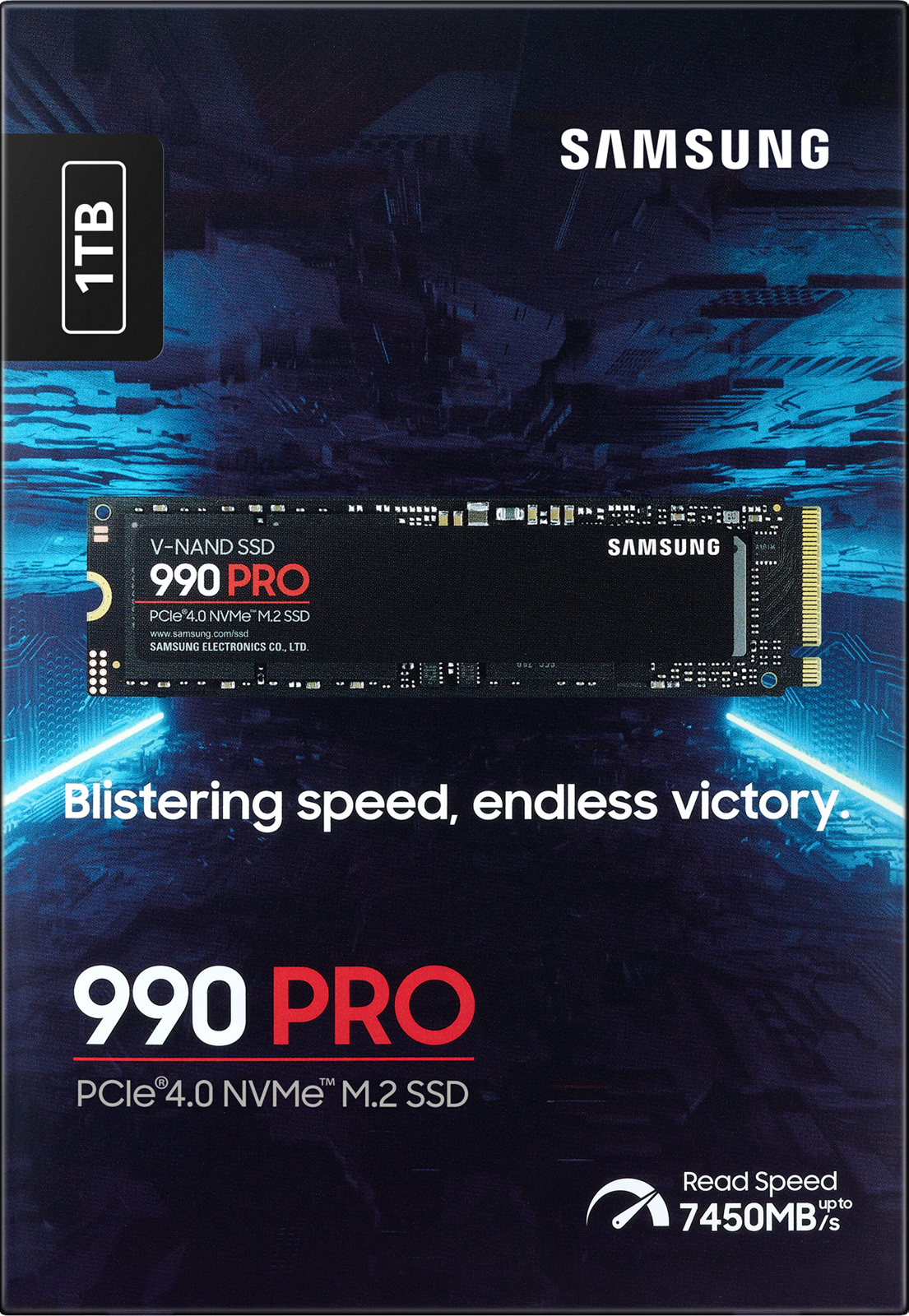 Carte SSD avec texte et logo, fond bleu et noir.