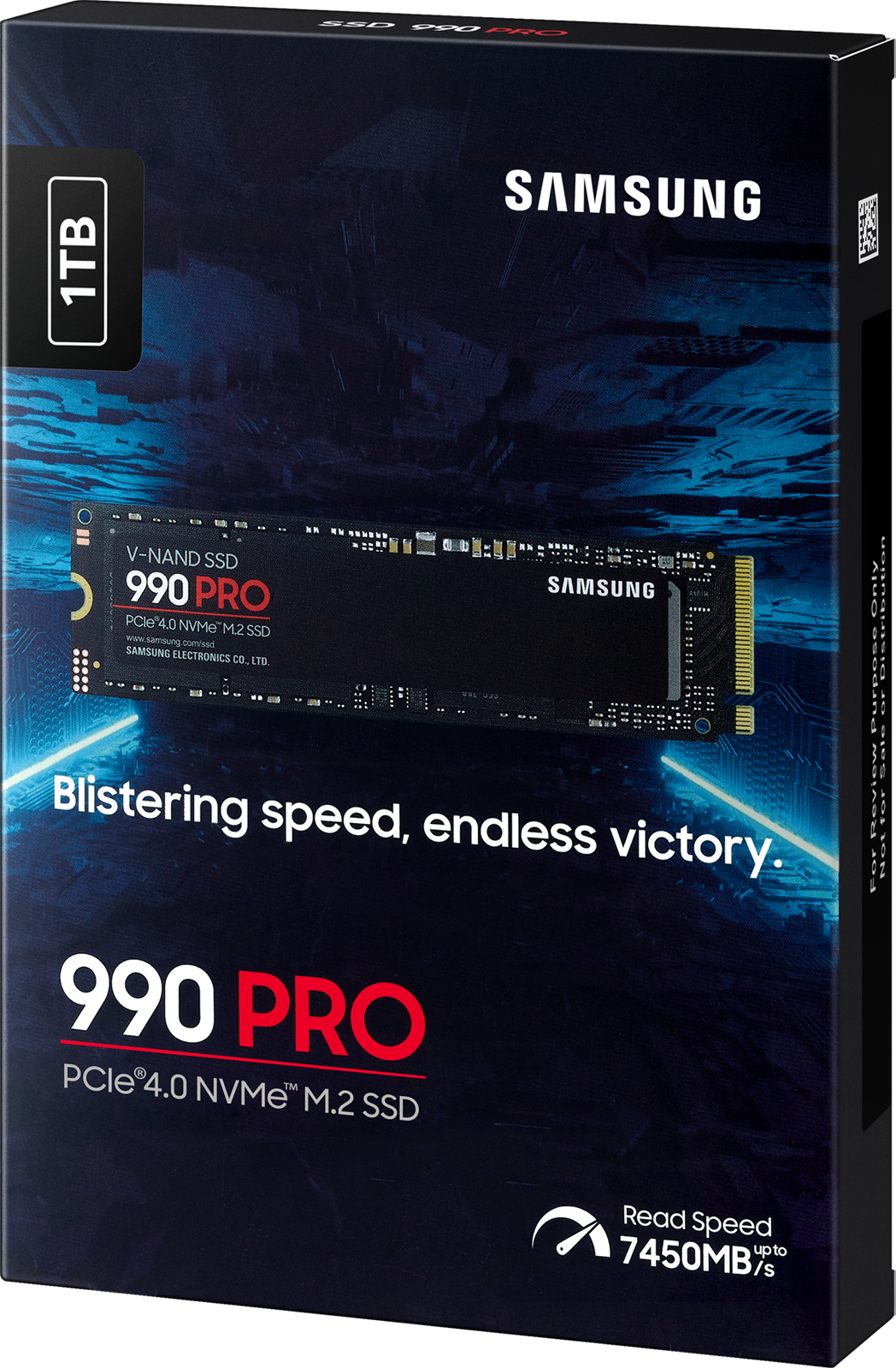 Boîte noire avec texte et une image d'un SSD noir, indiquant '990 PRO' et '1TB'.