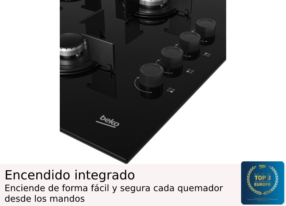 Encimera de cocina de vidrio negro con cuatro quemadores y mandos de control, con logo Beko y Day of Top 3 Europe.