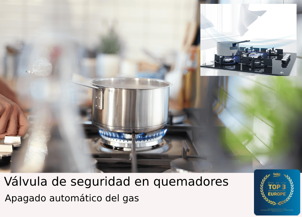 Una olla en un quemador de gas con una válvula de seguridad y cierre automático de gas.