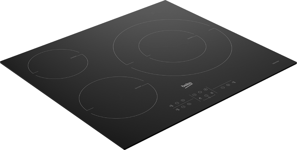 Una placa de inducción negra con tres zonas de cocción. Tiene controles táctiles y el logotipo de la marca Beko.