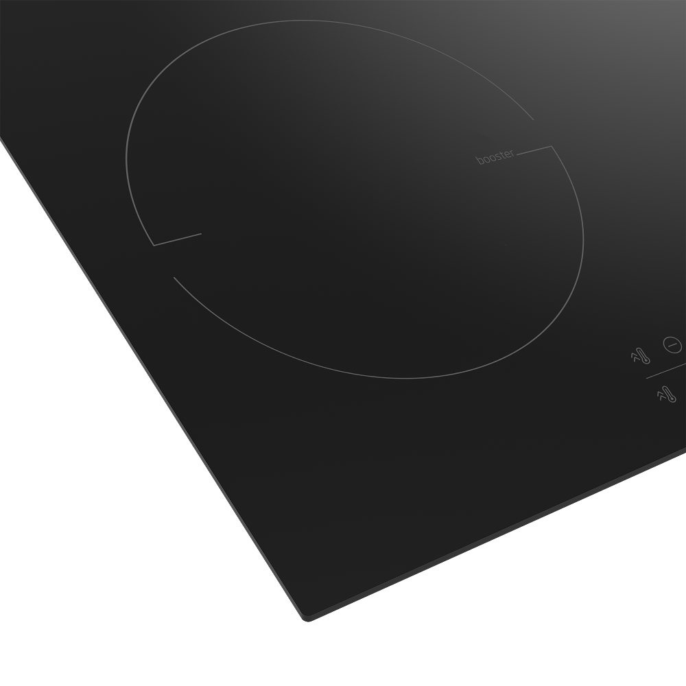 Primer plano de una placa de inducción negra con una zona de cocción circular y una etiqueta de refuerzo.