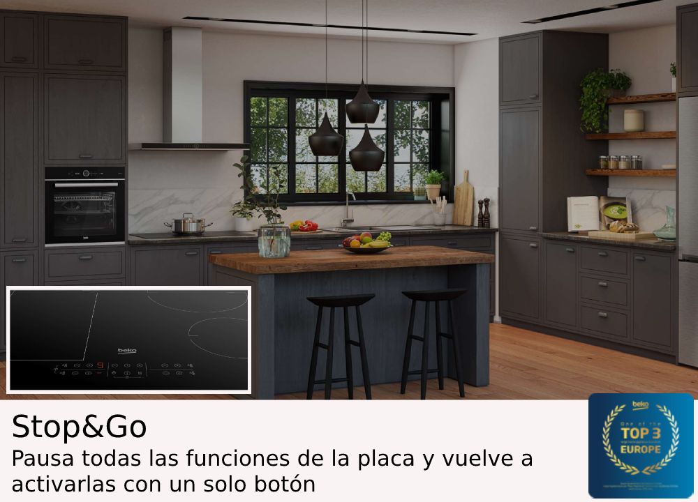 Cocina moderna con gabinetes oscuros, isla y electrodomésticos, incluyendo una placa.