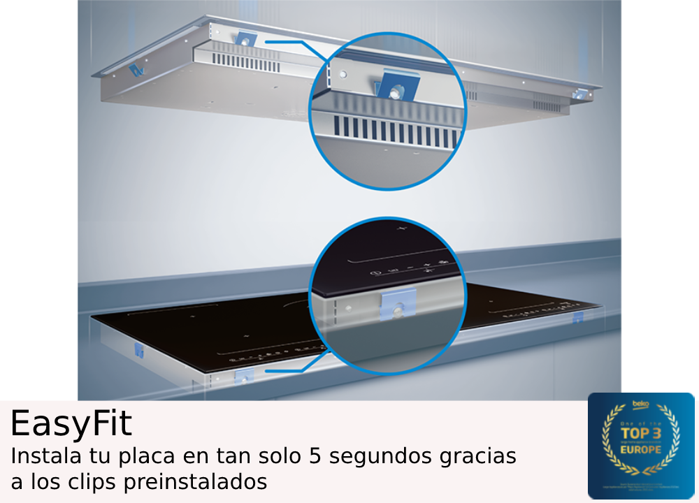 Vista animada de una encimera de inducción negra siendo instalada. Clips azules resaltados.