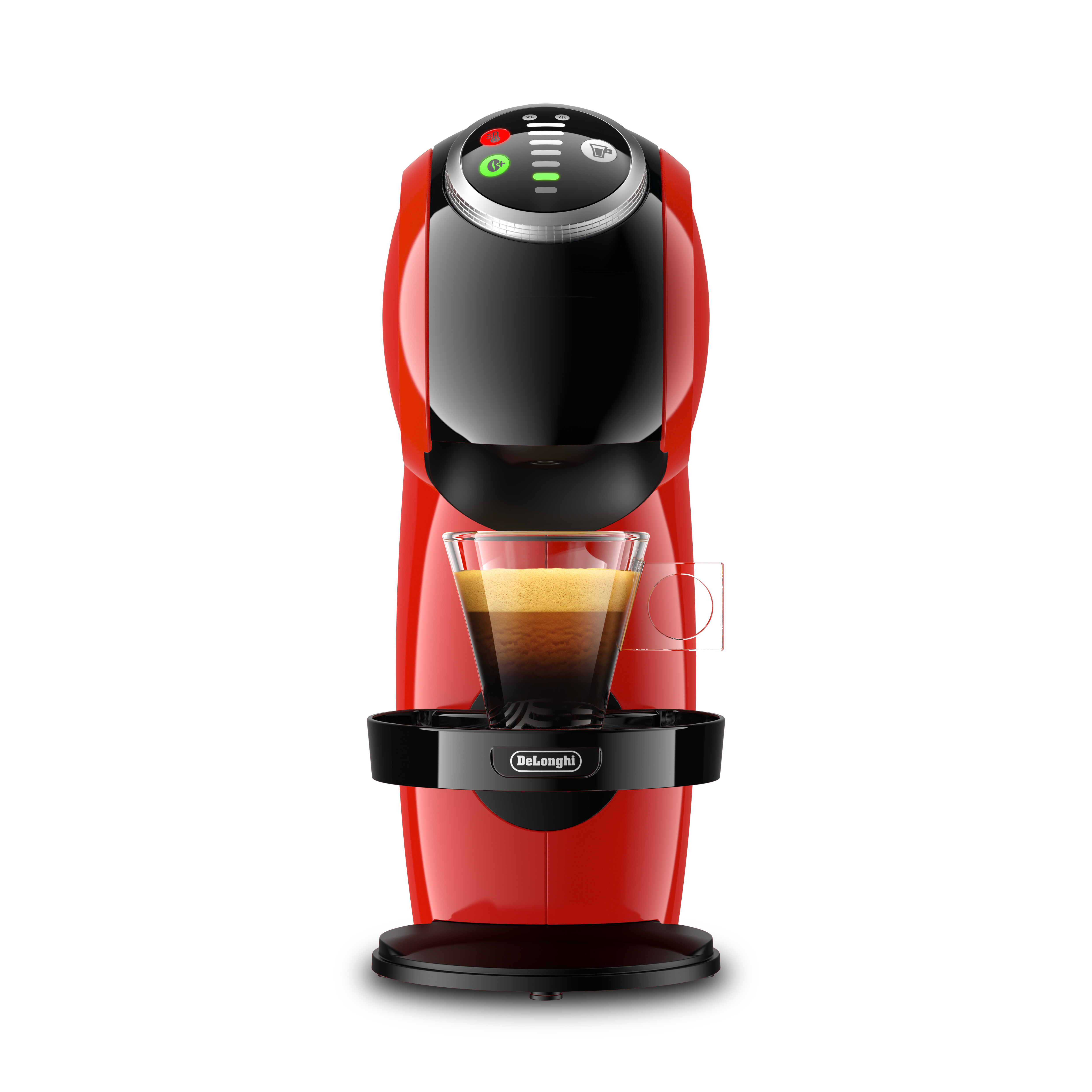 Cafetera Delonghi roja y negra. Vaso de café. Fondo blanco.