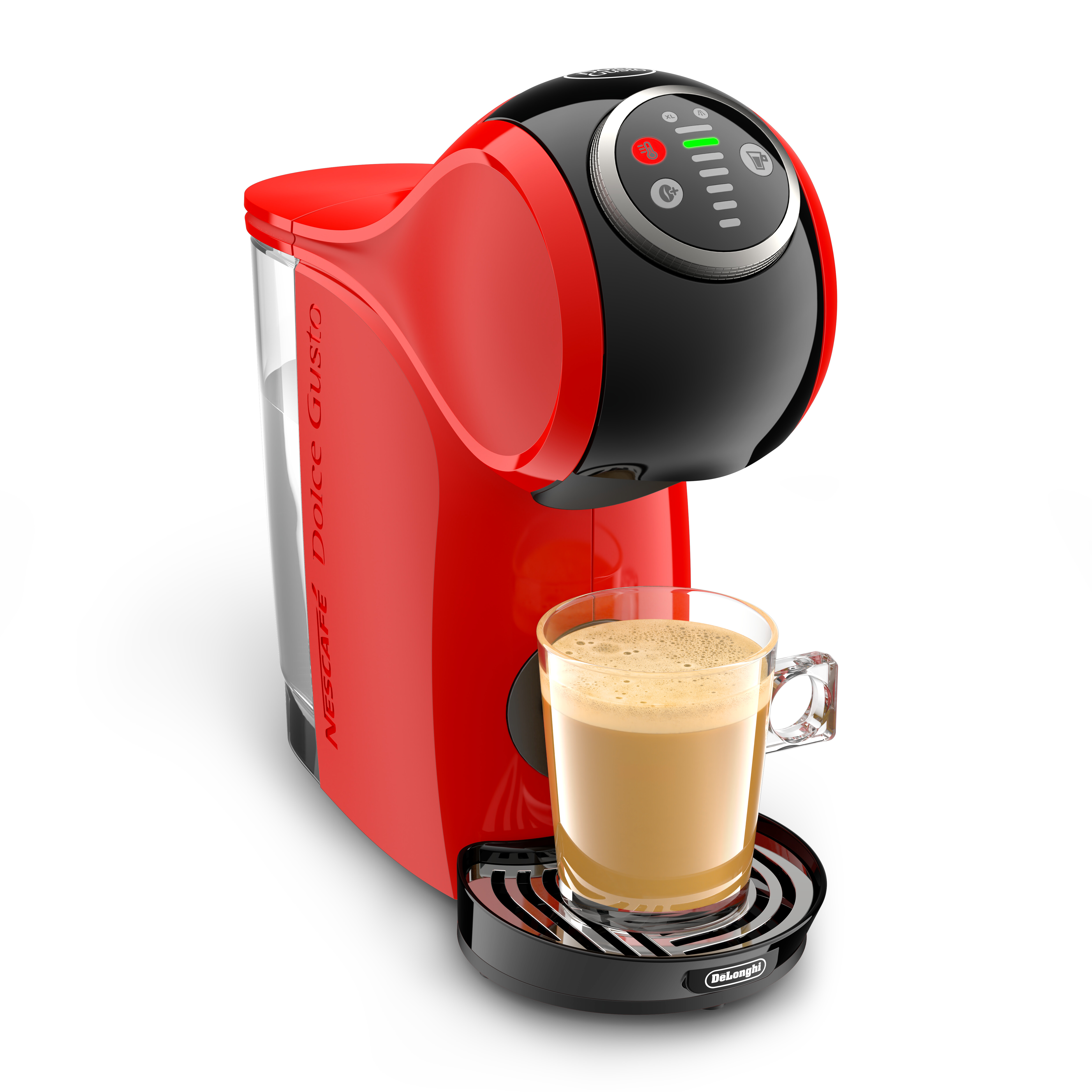Una máquina de café roja y negra con un vaso de café delante.