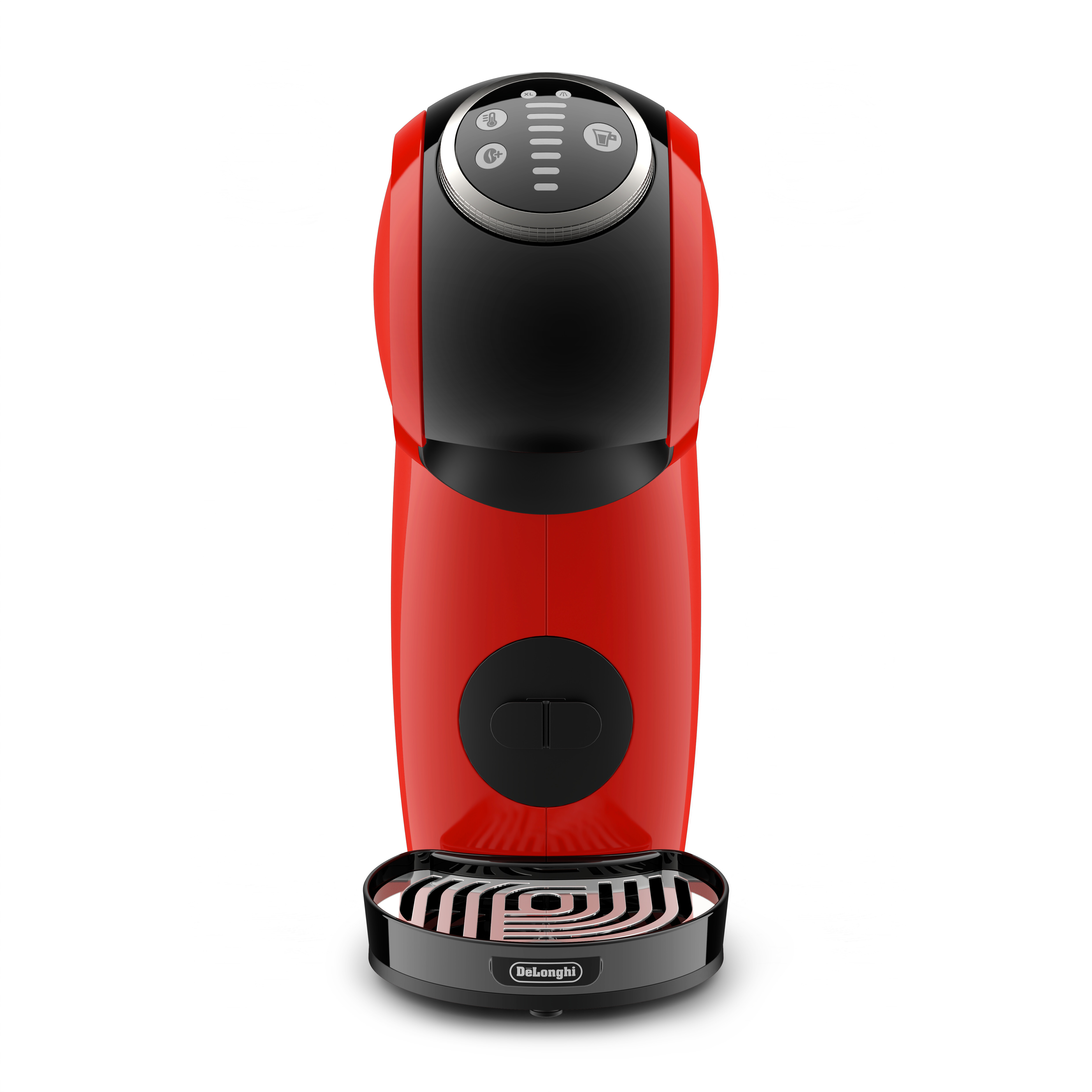 Una cafetera roja y negra, con un diseño elegante y vertical, y una base negra con detalles circulares.