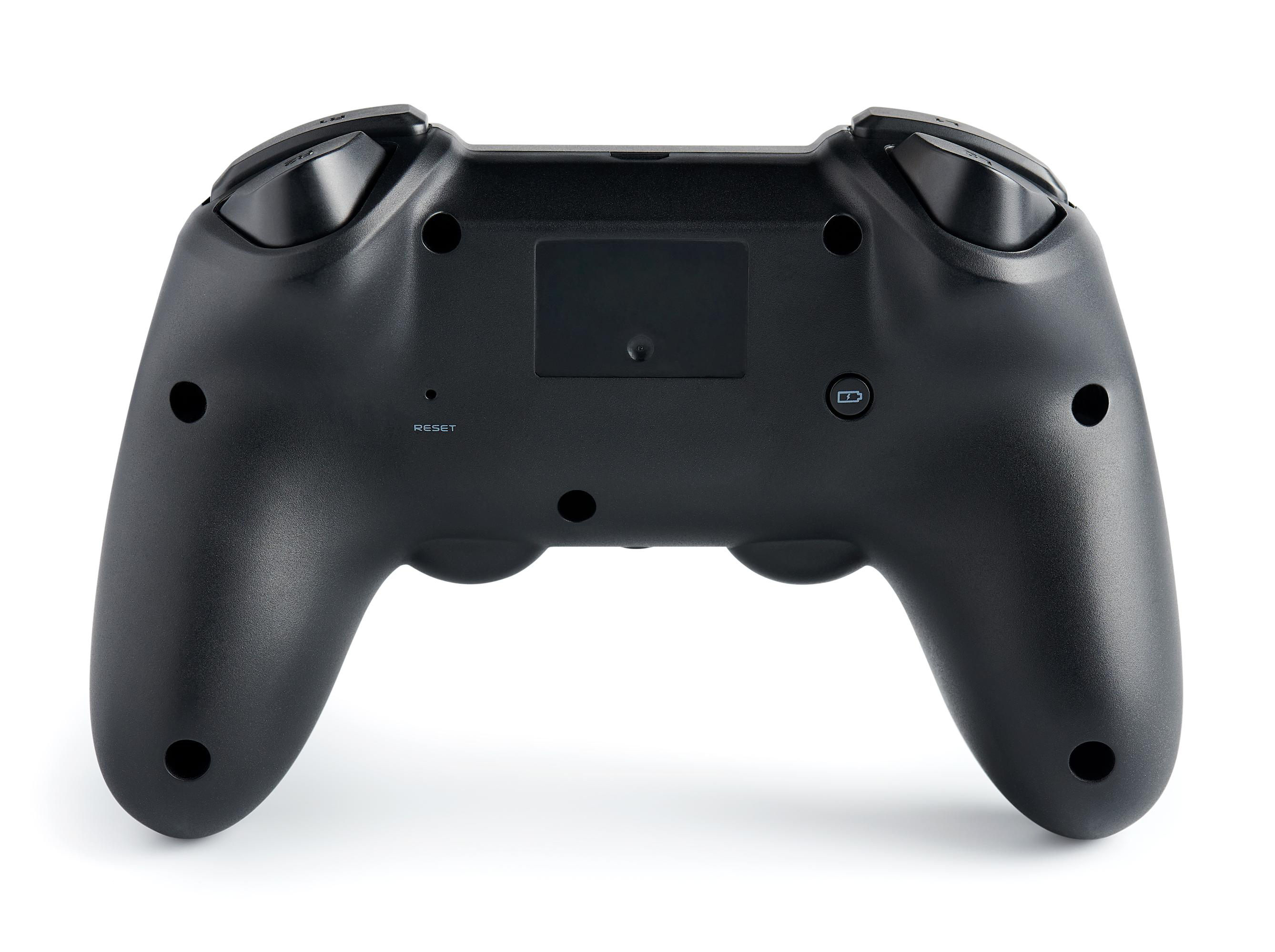Die Rückseite eines schwarzen Gamecontrollers mit Knöpfen, zwei Joysticks und einer Reset-Taste.