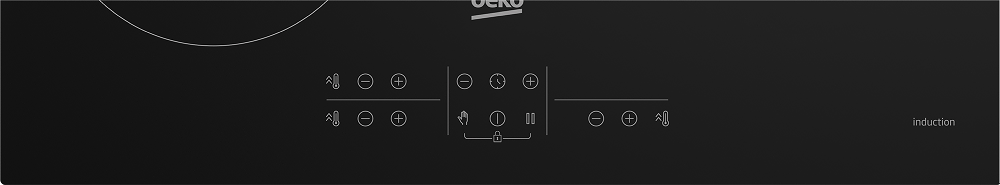 Primer plano de una placa de inducción Beko negra con controles táctiles, mostrando varios símbolos.