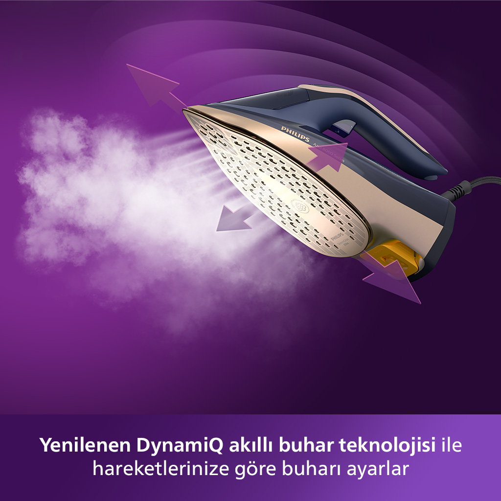 Buhar ve oklarla ütü. Philips logosu görünür.