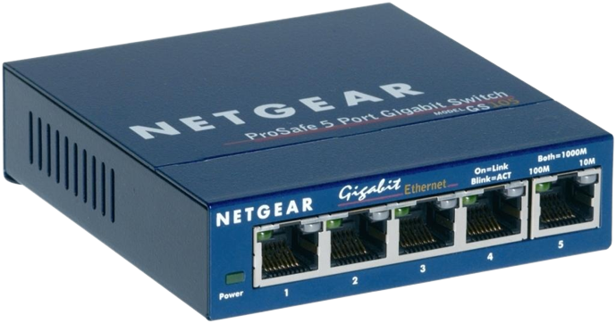 Netgear 5-Port-Gigabit-Switch. Dunkelblaue Box mit Anschlüssen, Lichtern und Schrift. Schwarzer Hintergrund.