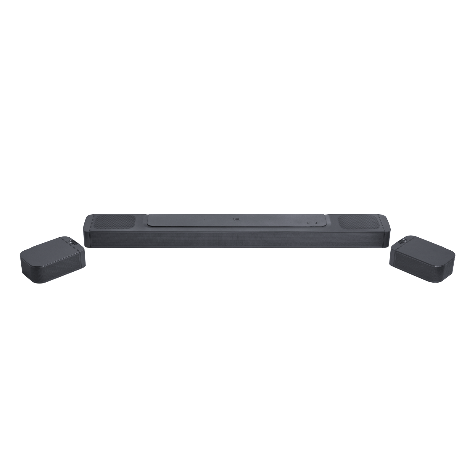 İki uydu hoparlörlü siyah soundbar. Hepsi siyah bir arka planda.