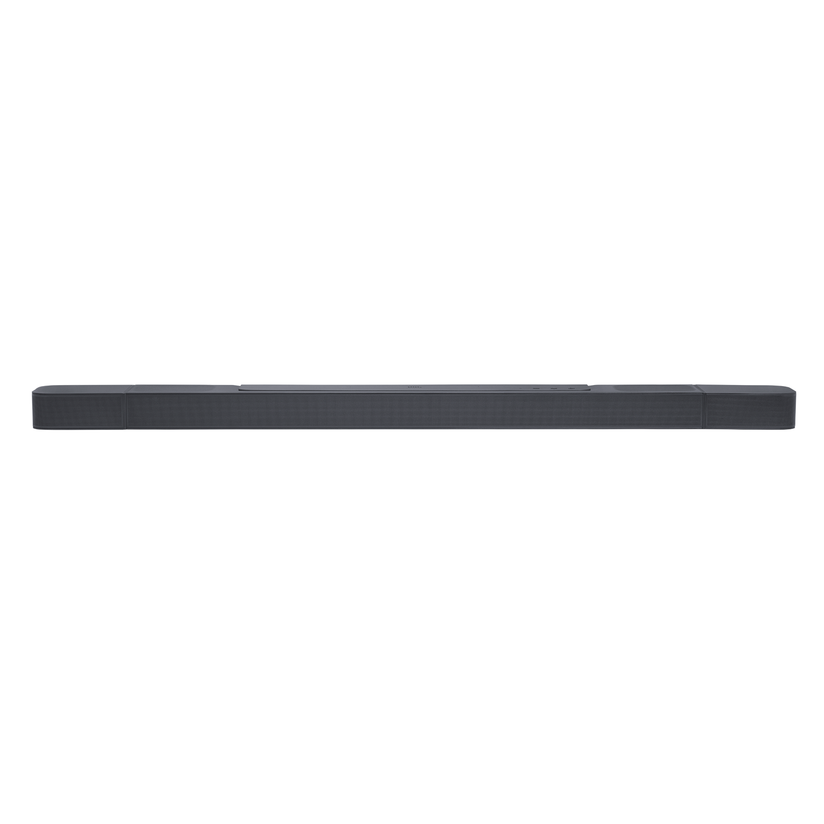 Uzun, siyah bir soundbar, şık ve minimalist tasarımını sergileyen siyah bir arka plan üzerinde görüntülenir.