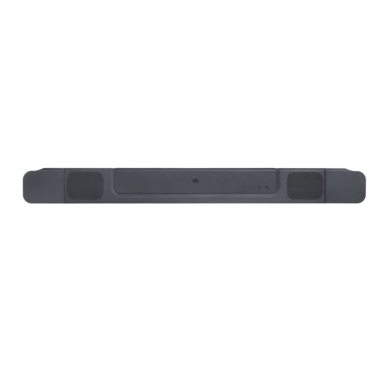 JBL logosuna sahip koyu gri bir soundbar. Hoparlörler sol ve sağ uçlarda.