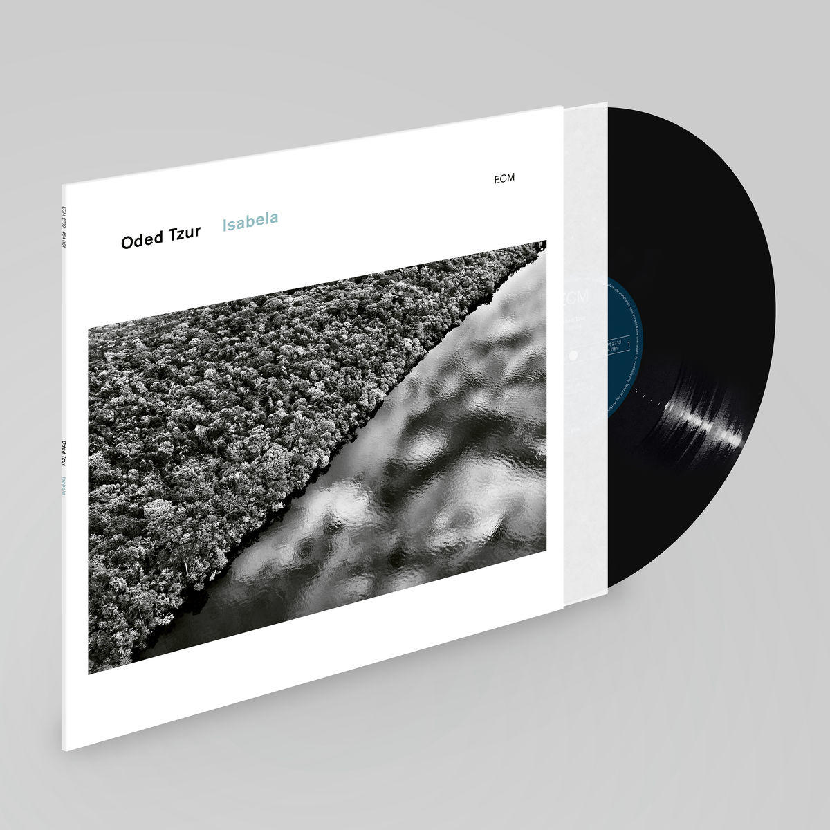 Albumcover von Oded Tzur's 'Isabela' mit einer schwarzen Vinyl-Schallplatte rechts sichtbar.