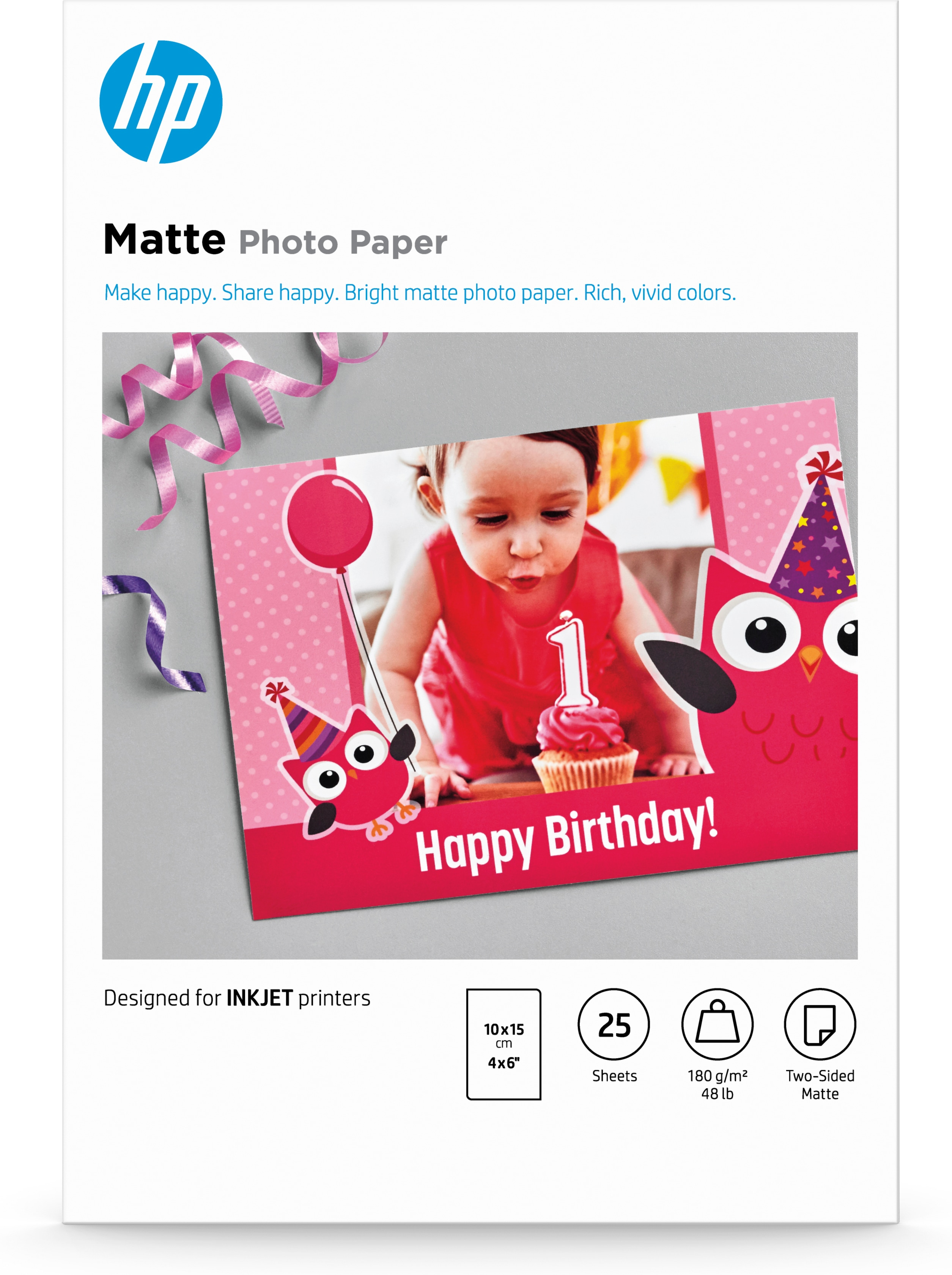 HP Matte Fotopapier-Paket mit Foto und Designelementen.