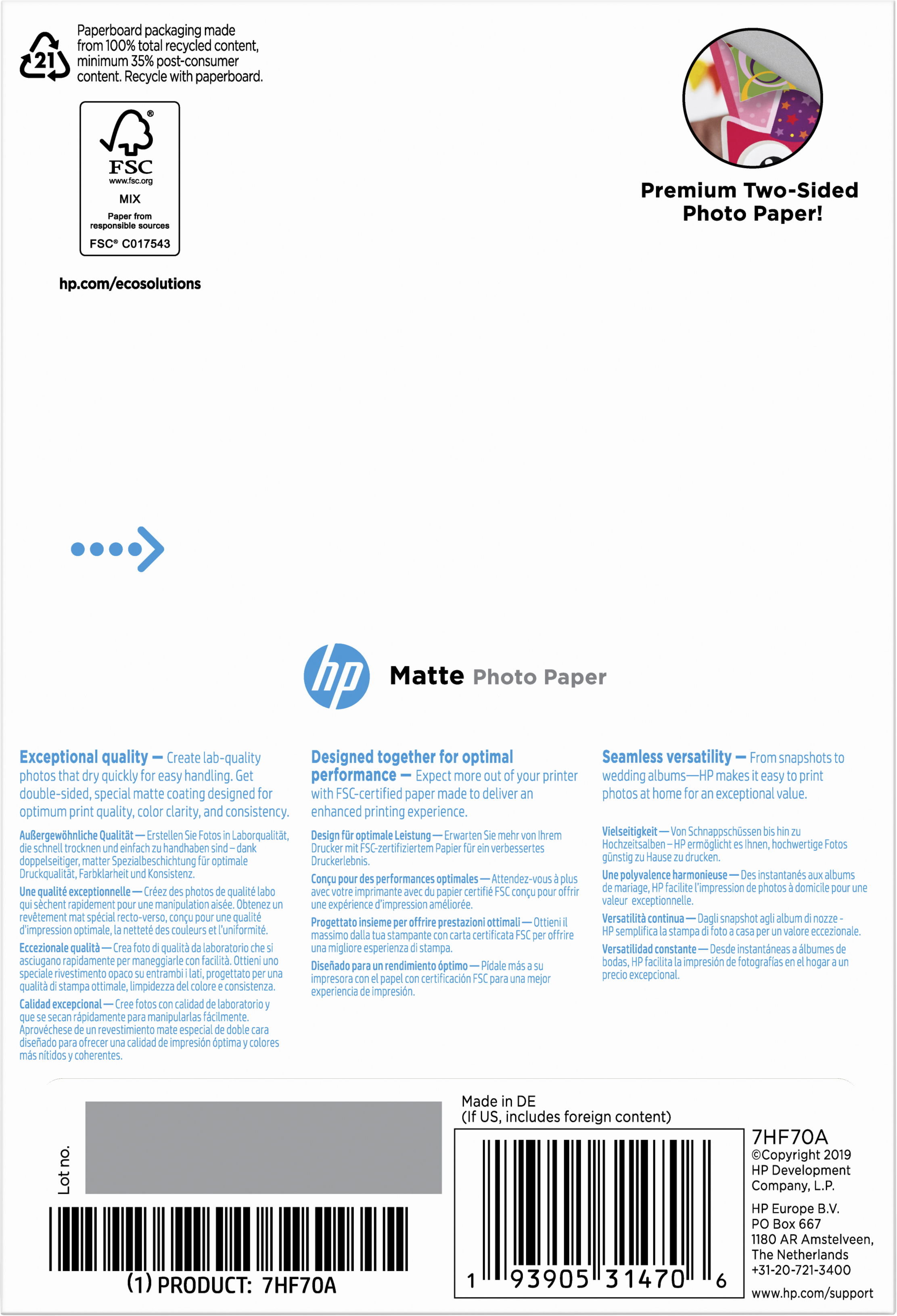 Eine Verpackung von HP Matte Fotopapier, mit Produkt- und Markeninformationen.