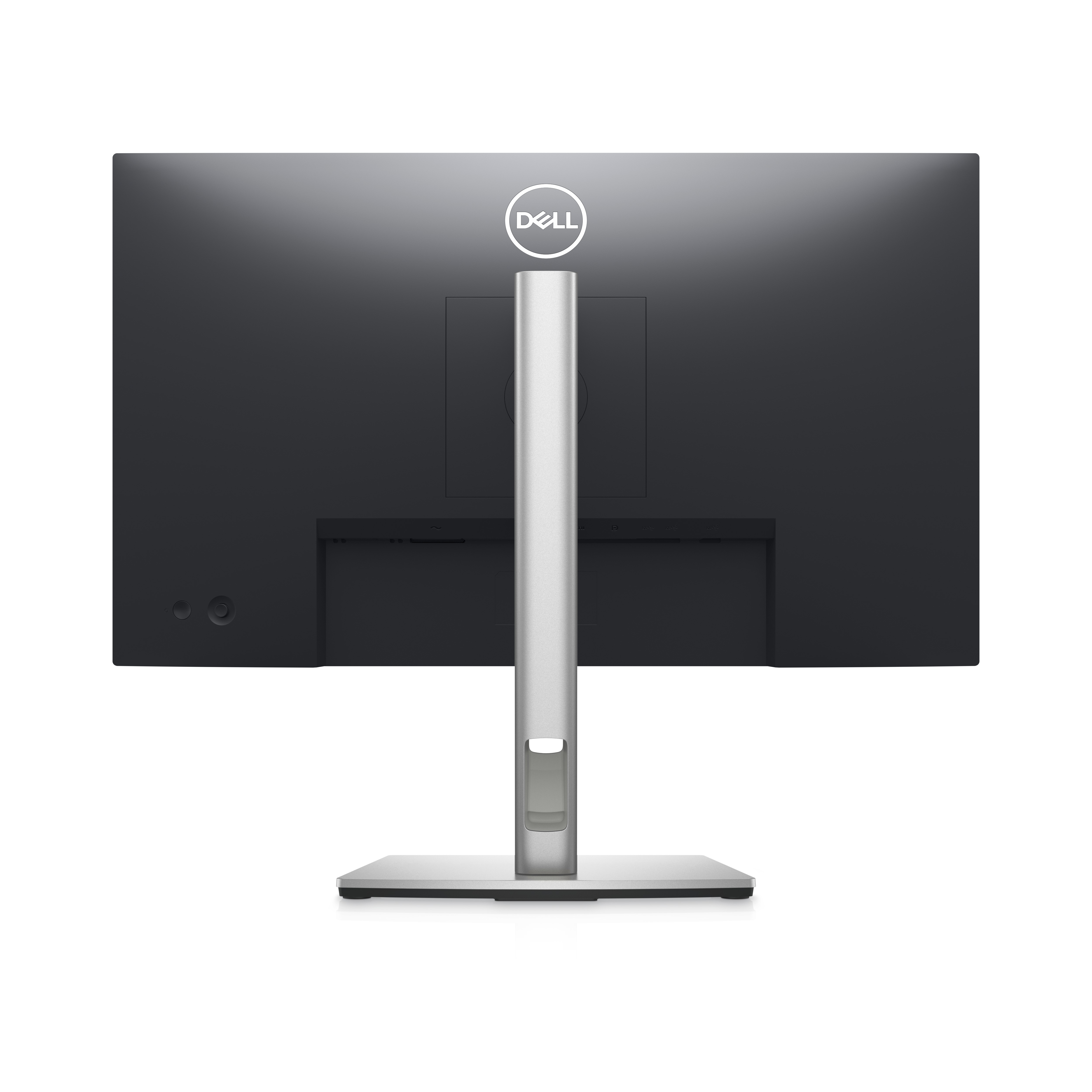 Rückansicht eines schwarzen Computermonitors mit silbernem Ständer. Das Dell-Logo befindet sich oben mittig.