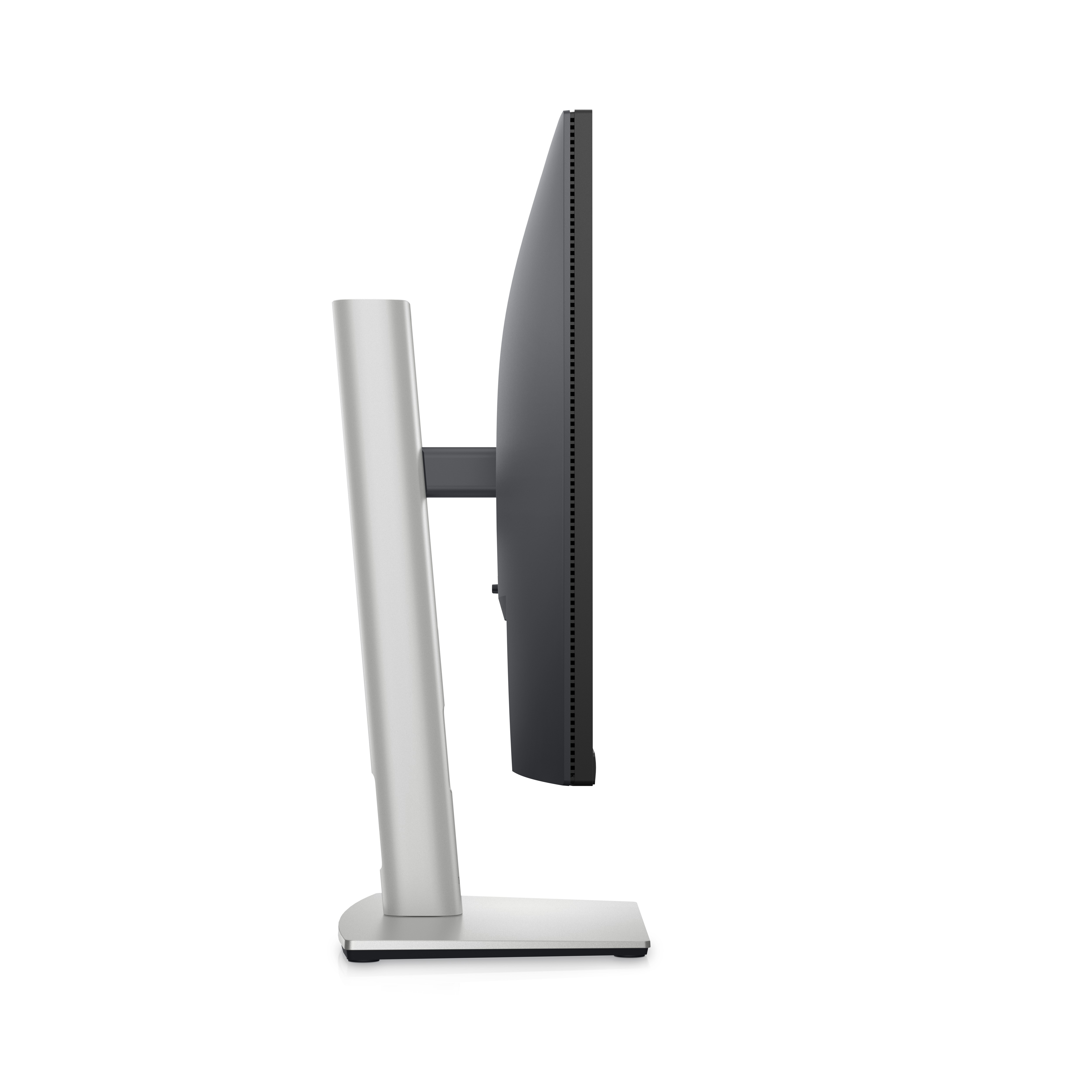 Ein Computermonitor ist von der Seite zu sehen. Er hat einen dunklen Bildschirm, einen silbernen Ständer und eine schwarze Basis.