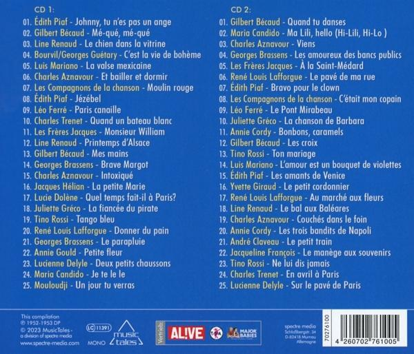 Zwei CDs mit Titellisten auf Französisch. Enthält Künstler- und Songtitel sowie Copyright-Details.