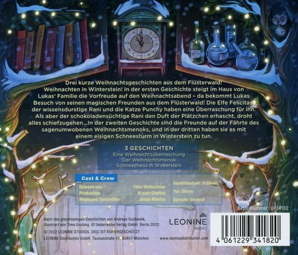 Buchcover mit verschneiter Winterszene, Text und Illustrationen, sowie Logo.
