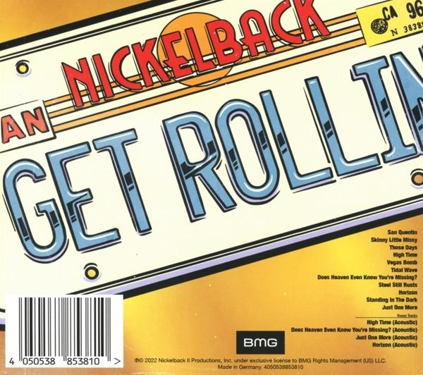 CD-hoes voor Nickelback's album 'Get Rollin', met de tracklist aan de zijkant.