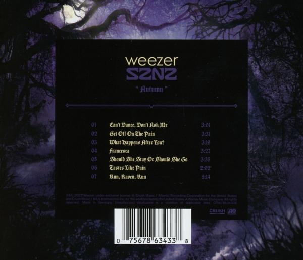 Albumcover für Weezers SZNZ: Herbst, mit Titelliste und lila Hintergrundwald.
