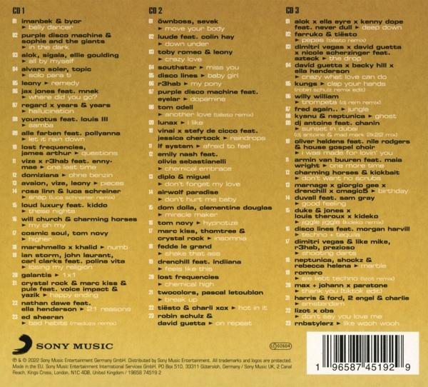 CD-Cover mit verschiedenen Songtiteln. Es ist ein farbenfrohes, detailliertes Bild mit Text. Der Hintergrund ist hellgrau.