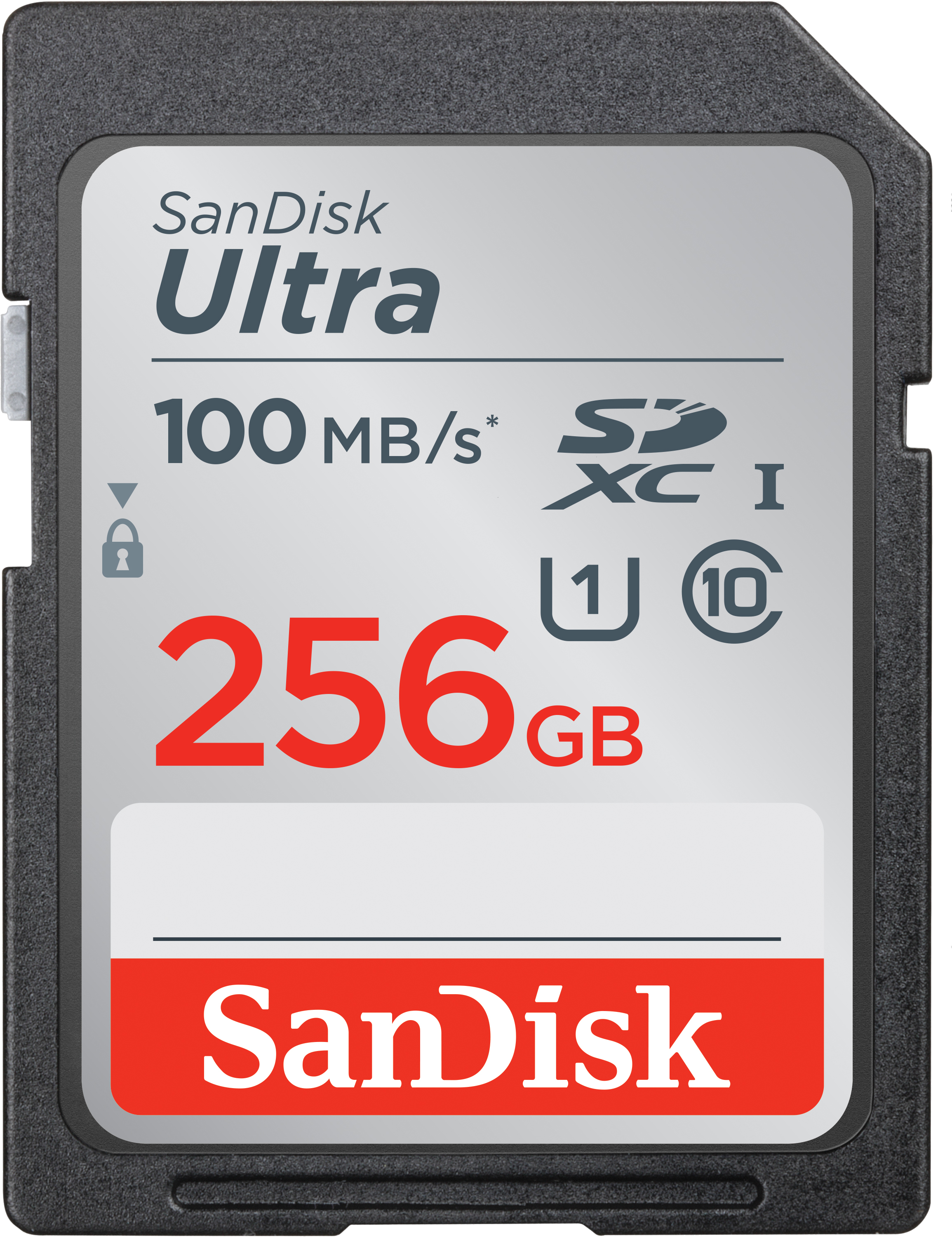 SD kart, Sandisk Ultra 256GB. Beyaz ve kırmızı metinli siyah kart.
