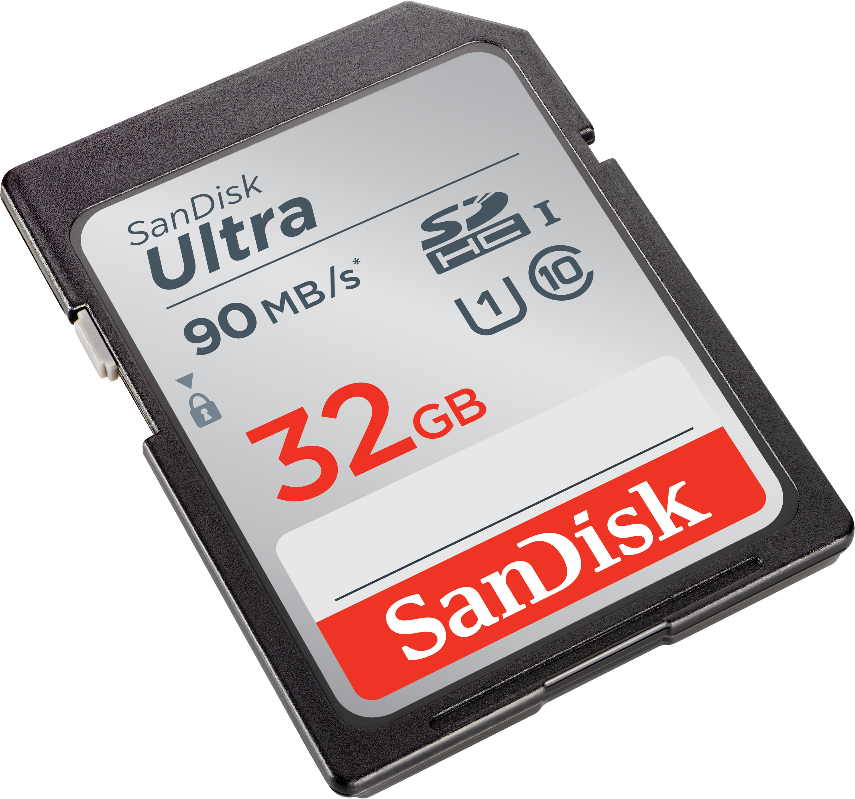 Siyah ve gümüş SanDisk Ultra SD kartı. 32GB depolama alanına ve 90MB/s hıza sahiptir.