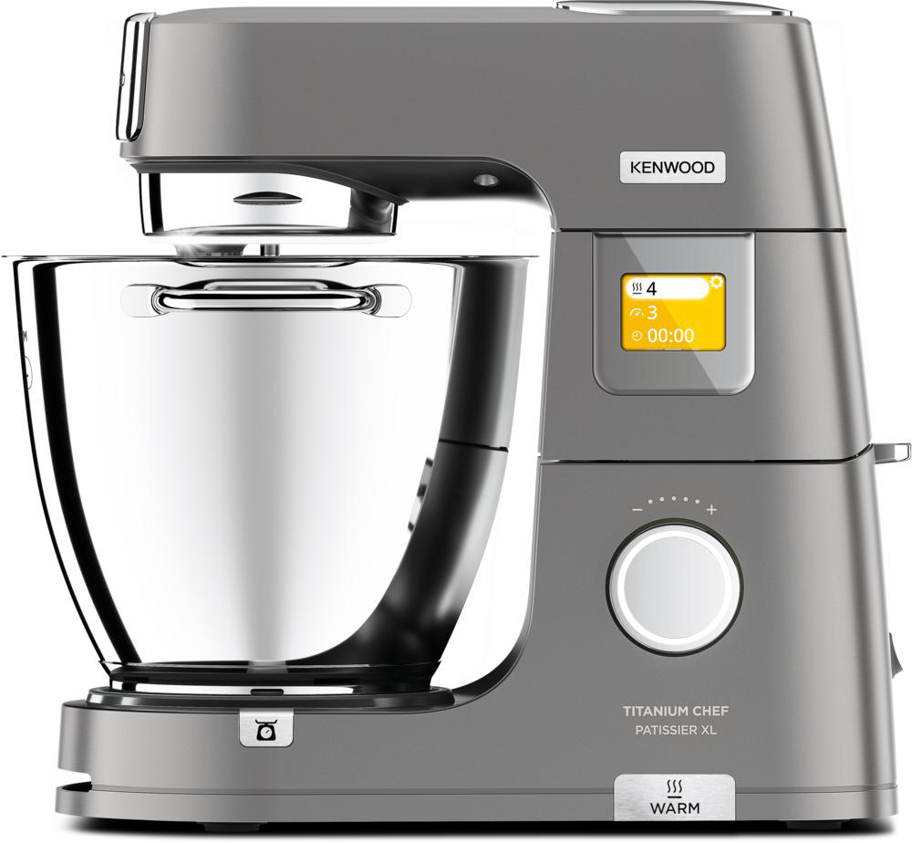 Graue Kenwood Küchenmaschine mit Edelstahlschüssel und Digitalanzeige. Isoliert.