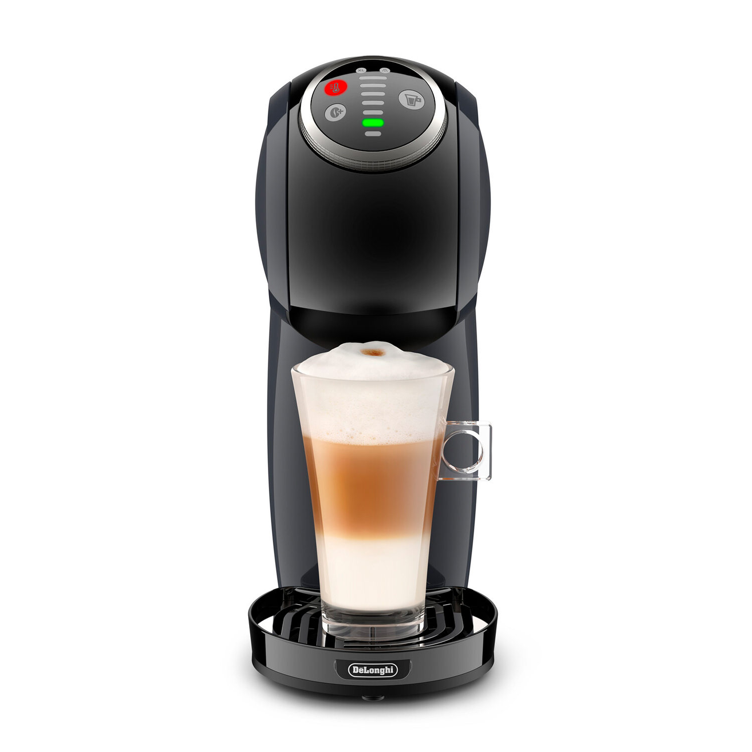Una macchina da caffè De'Longhi nera che eroga un latte stratificato in una tazza di vetro.