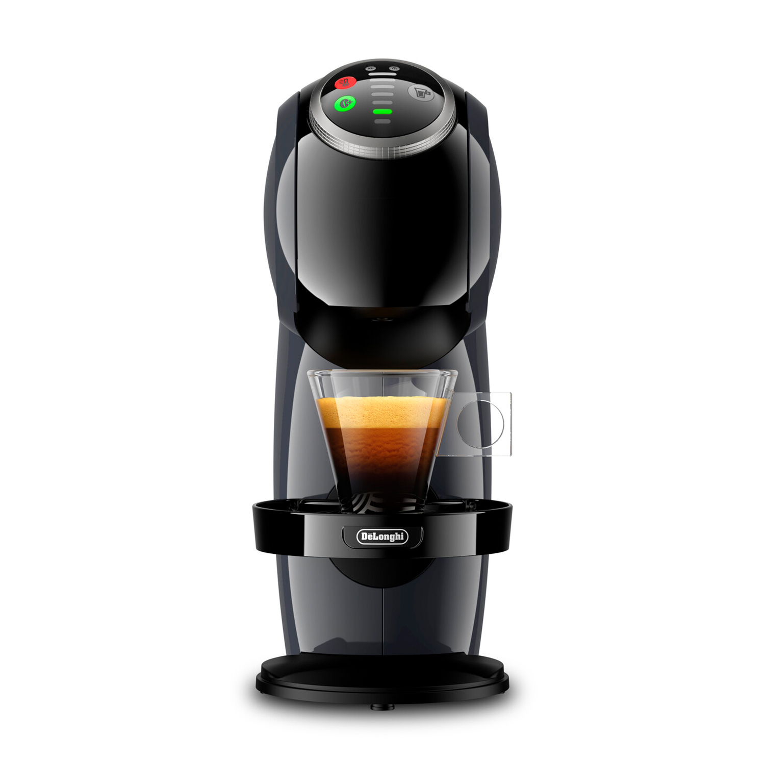 Macchina per il caffè nera con un bicchiere di caffè.