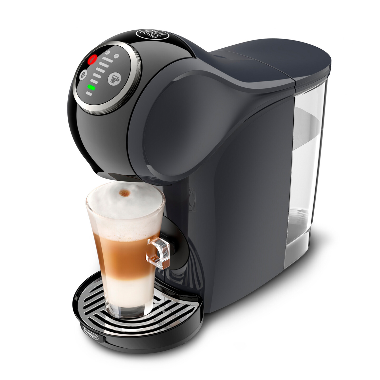 Una macchina da caffè nera e grigia con un bicchiere di caffè a strati, su sfondo bianco.