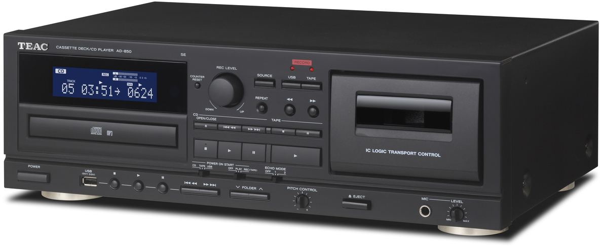 Ein schwarzes TEAC-Kassettendeck/-CD-Player mit Digitalanzeige und verschiedenen Bedientasten.