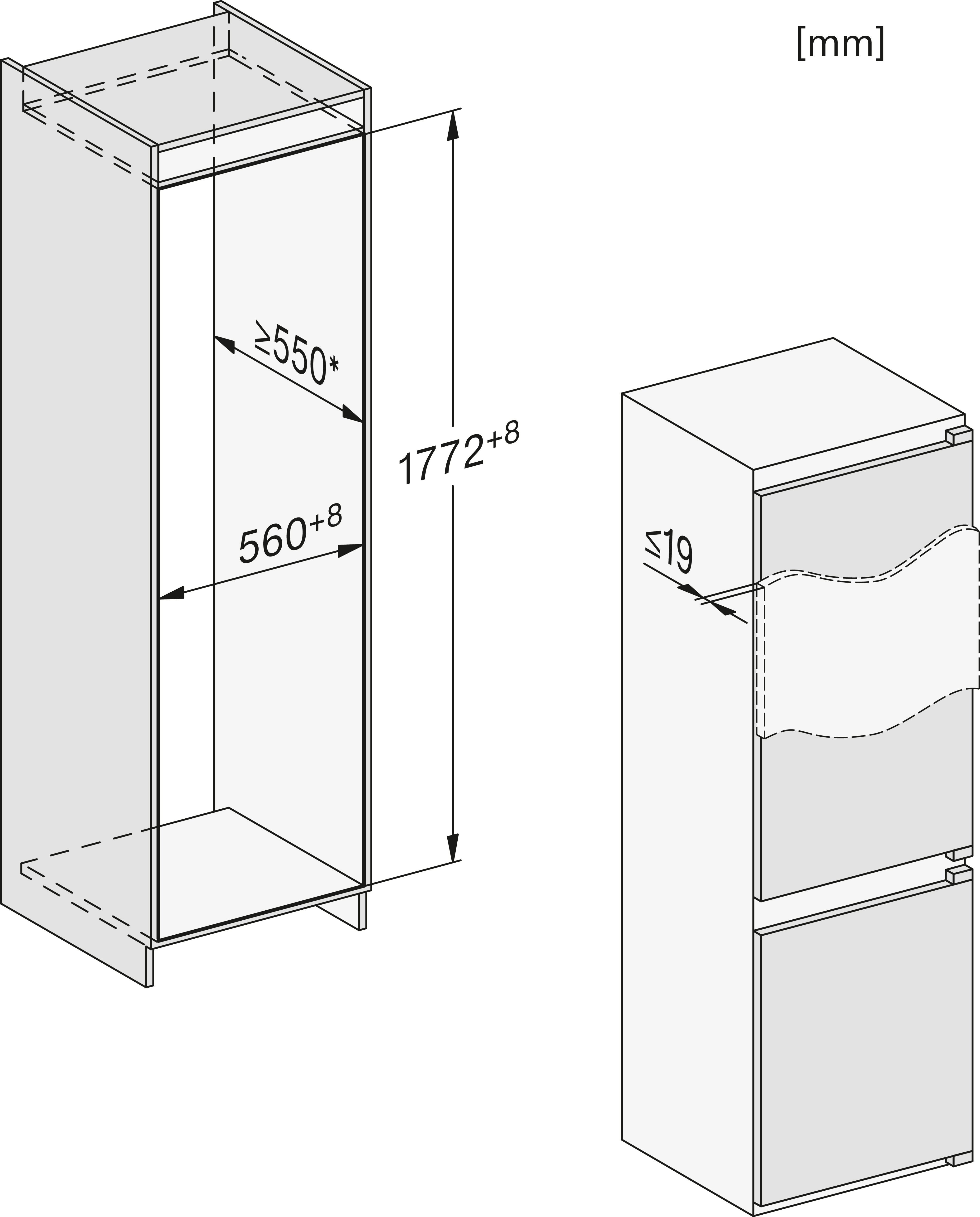 Diagramm mit Einbaumaßen für einen Kühlschrank.