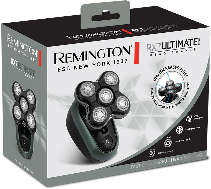 Boîte d'un rasoir de tête Remington RX7 Ultimate avec un rasoir affiché sur la boîte.