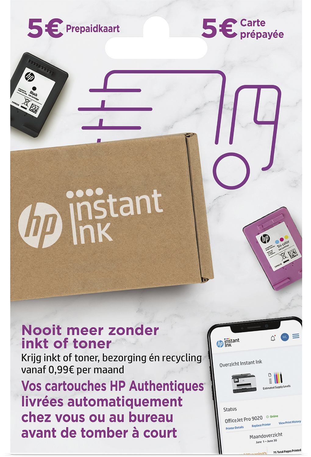 HP Instant Ink pakket met cartridges, telefoon en tekst, op marmeren oppervlak.