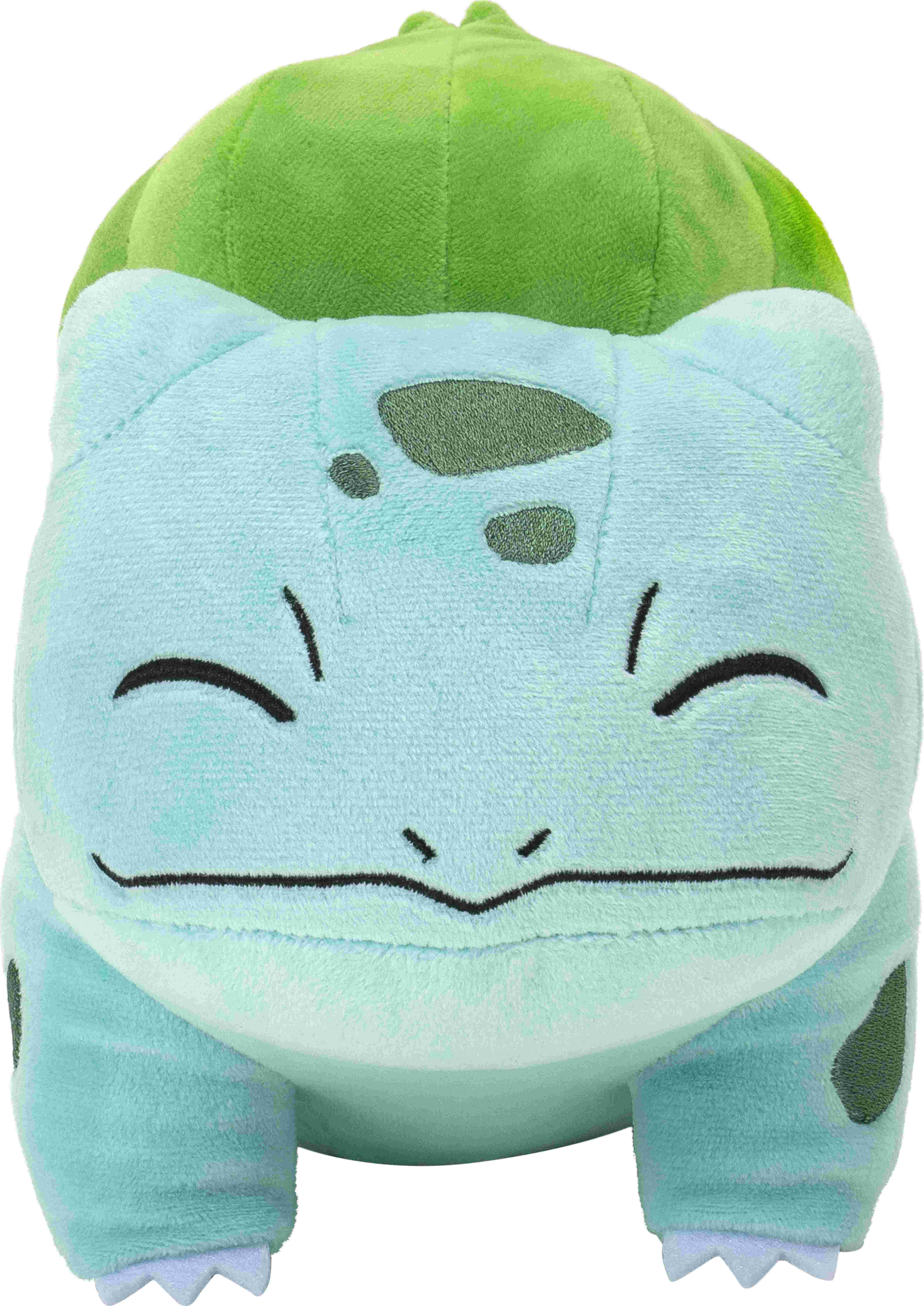 Ein Plüsch-Bulbasaur in Hellblau und Grün, lächelnd. Seine Knolle ist grün.