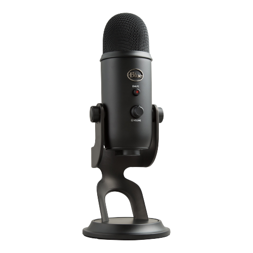 Ein schwarzes Blue Yeti Mikrofon auf einem Ständer, isoliert auf schwarzem Hintergrund.