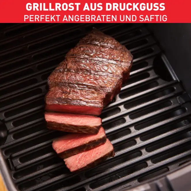 Geschnittenes Steak auf einem Grill, mit Text 'Grill'.