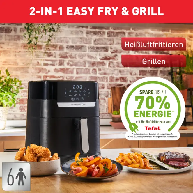 Eine Heißluftfritteuse mit gebratenem Essen und Gemüse auf Tellern, plus Text über Energieeinsparungen.