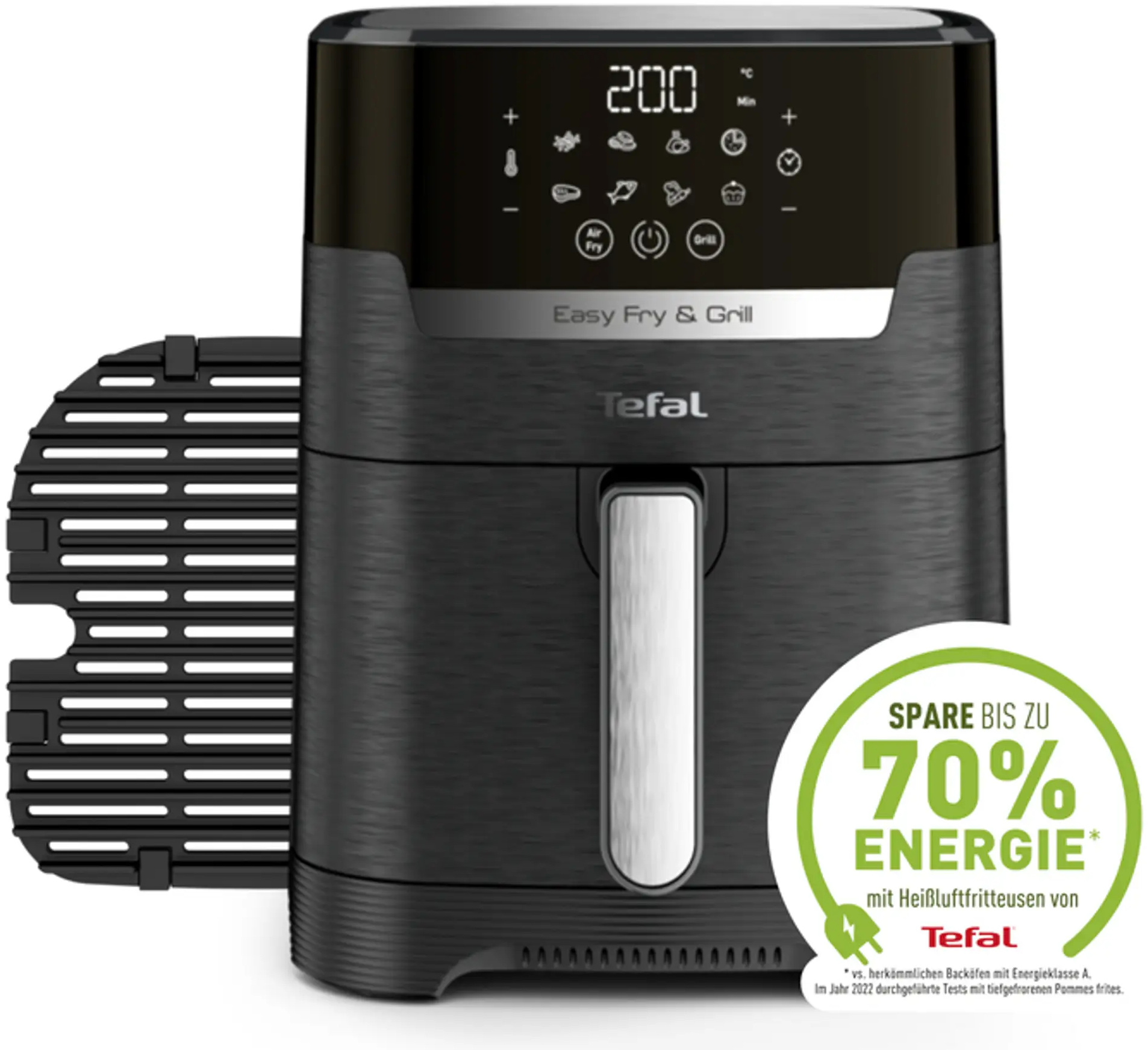 Schwarze Heißluftfritteuse mit Digitalanzeige und grünem Energielabel.