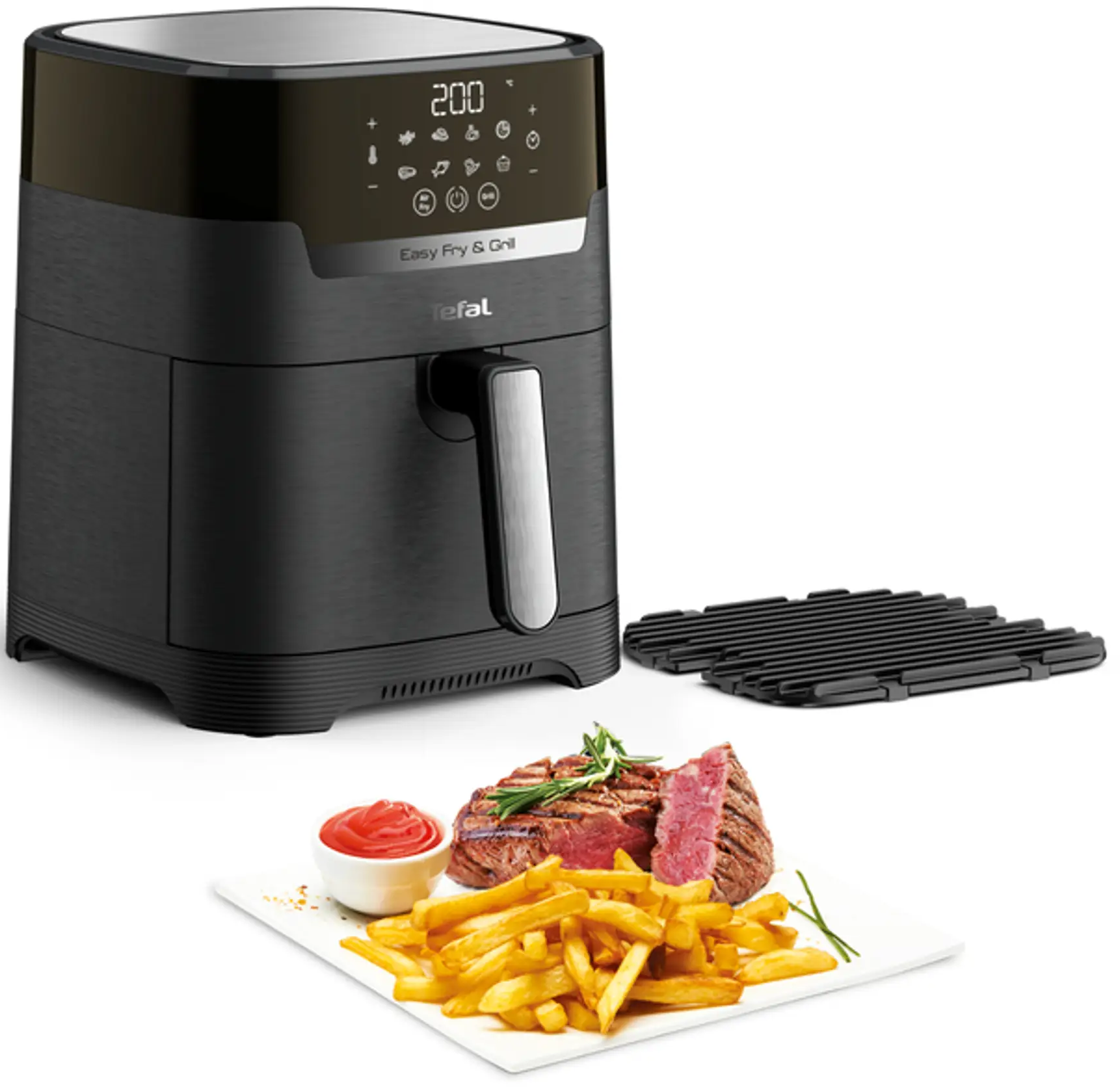 Schwarze Tefal Easy Fry & Grill mit Essen: Steak, Pommes und Grillplatte. Die Temperatur ist 200°.
