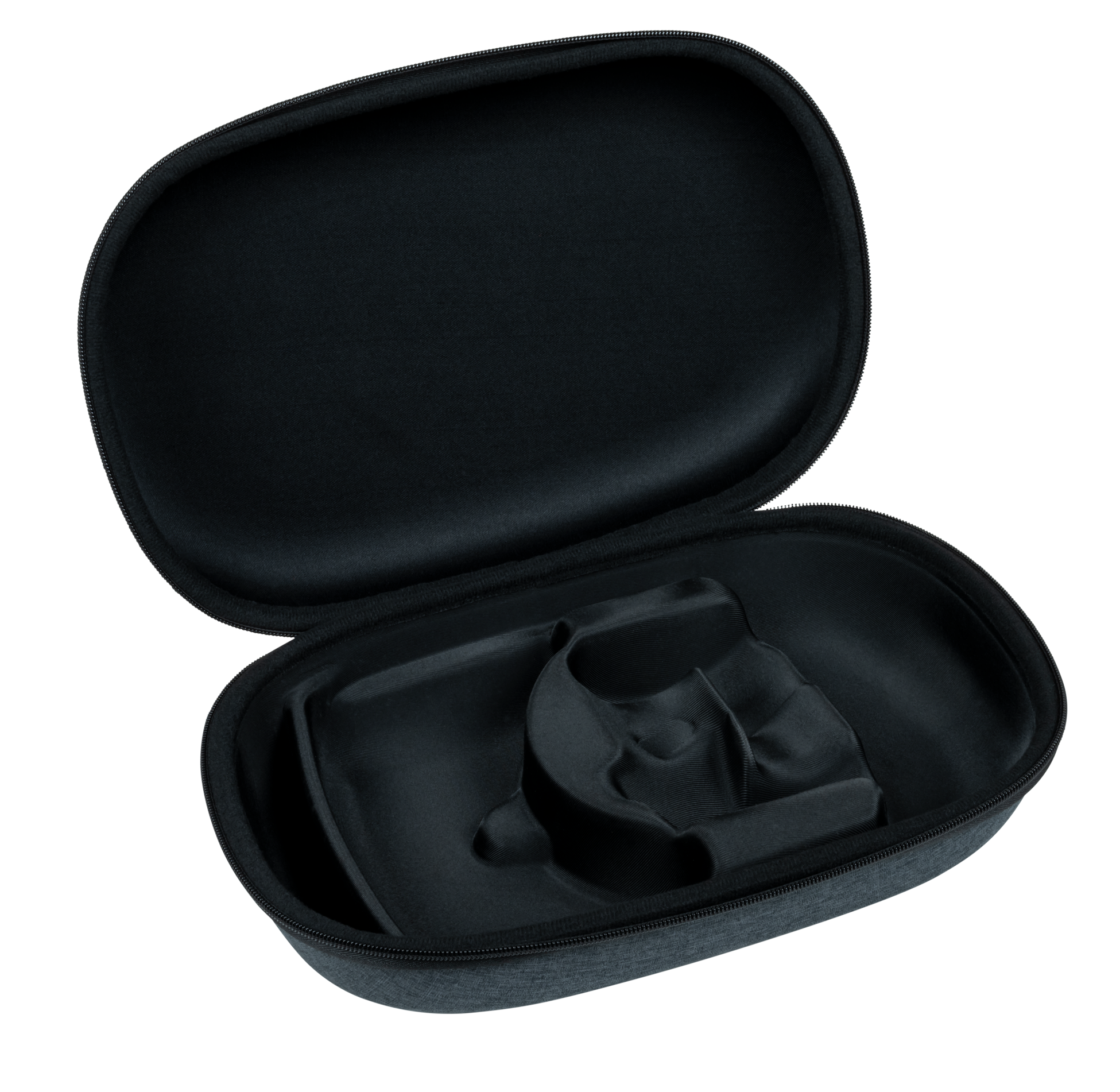 Estuche negro abierto para auriculares VR. El interior es oscuro con una forma moldeada para el dispositivo.