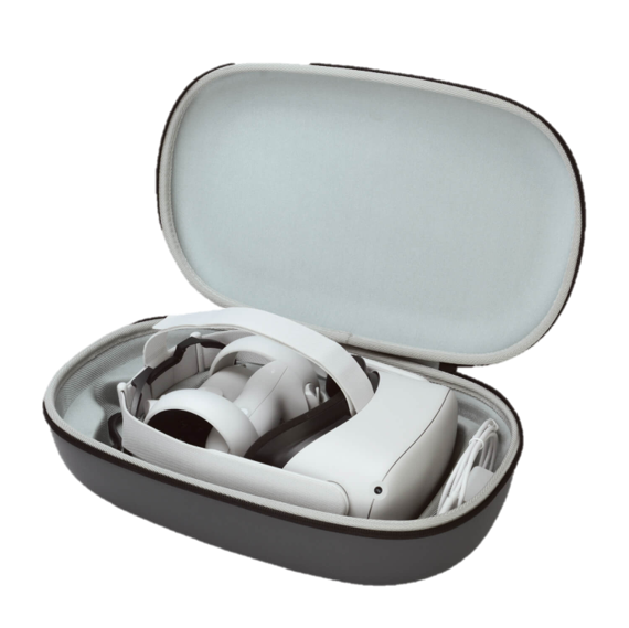 Auriculares VR en un estuche gris; el estuche está abierto. Auriculares blancos con detalles negros en el interior.