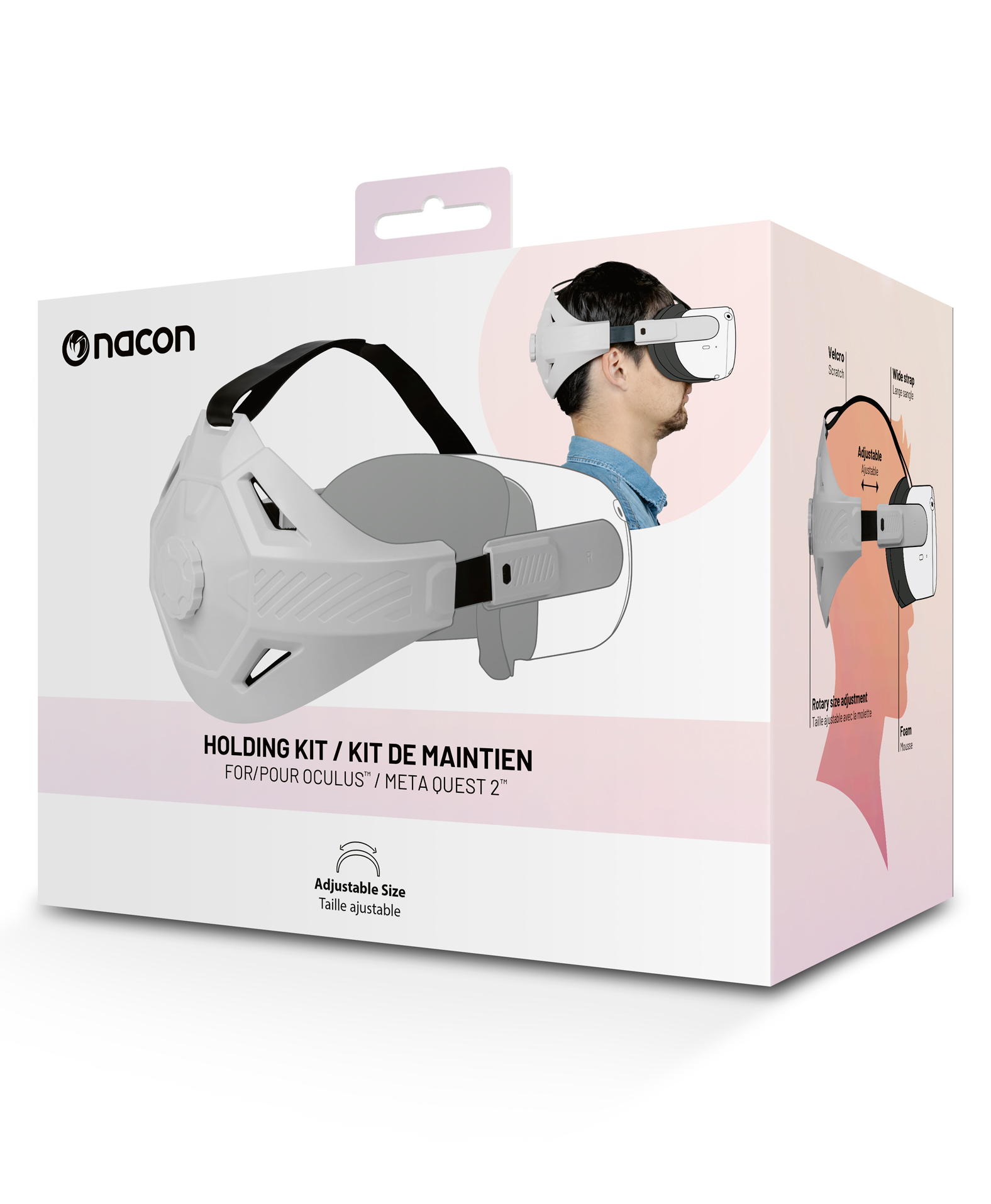 Caja de auriculares VR blancos y grises con un dibujo de un hombre que lleva los auriculares.