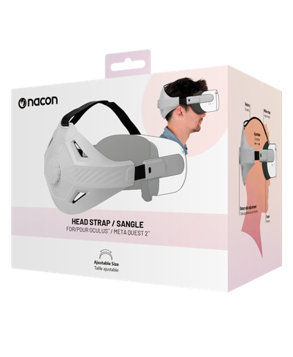 Correa para la cabeza de auriculares VR en caja, blanca, con diagrama de ajuste.