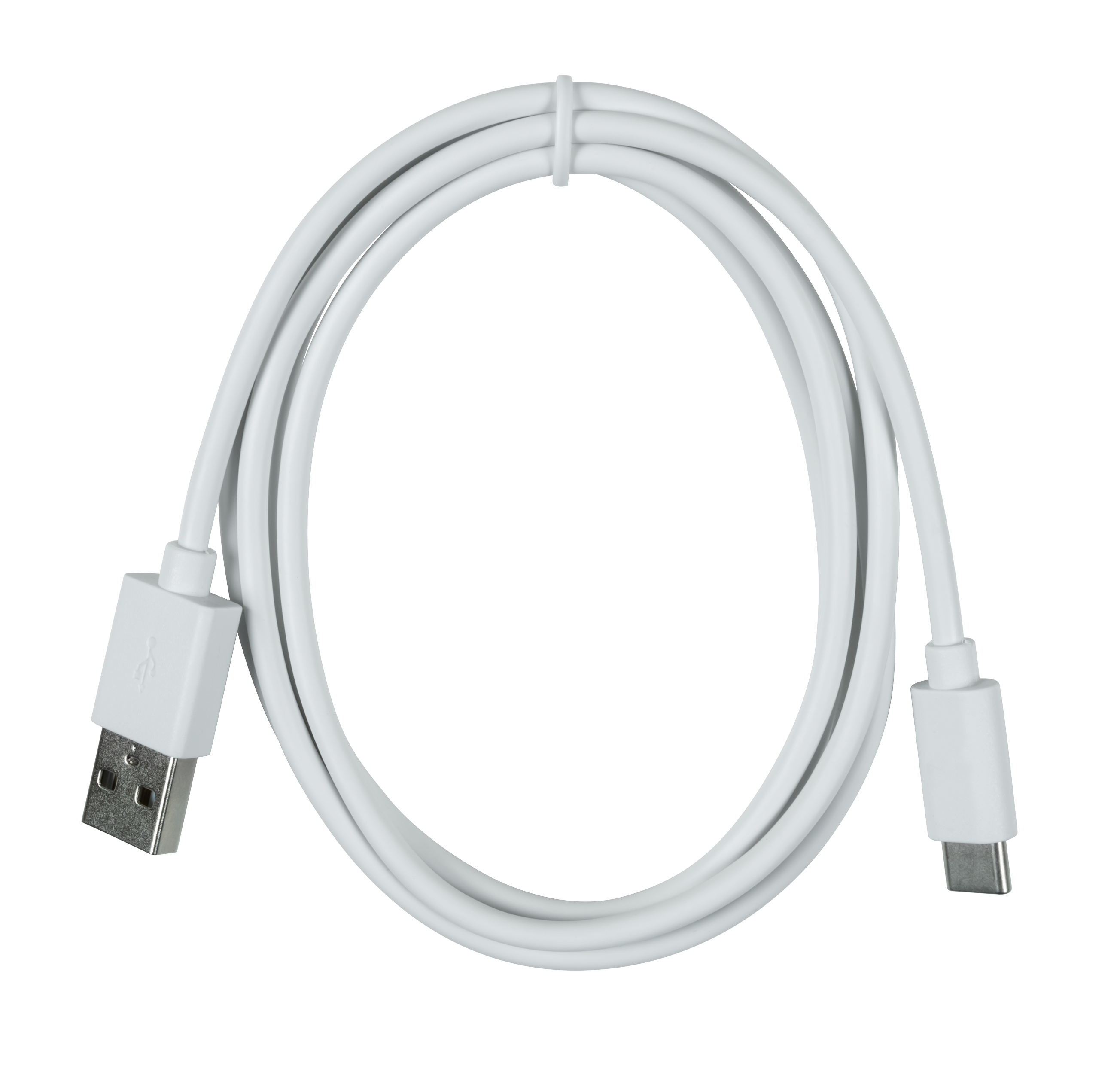 Un cable USB blanco con conectores USB-A y USB-C, sobre un fondo negro.